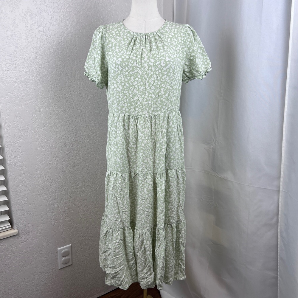 J Crew Tiered Midi Dress Womens S Green Floral Viscose Boho Cottagecore Resort
